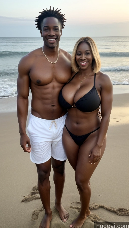 ai nude image of they are posing for a picture on the beach with a man and woman pics of Busty Big Ass 50s Sexy Face Thick Big Hips Abs Dark Skin African Perfect Body Beautiful Huge Boobs Happy Bikini Tattoos Beach Dark Lighting Bobcut Long Legs Woman + Man Blonde Massage