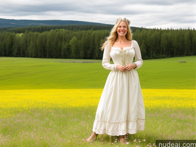 ai nude image of there is a woman in a white dress standing in a field pics of 40s Perfect Boobs One Long Hair Model Happy Front View Victorian Meadow Blonde Swedish