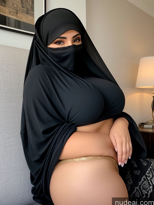 ai nude image of araffe wearing a black hijab and a gold belt pics of Busty Beautiful Big Ass Thick Big Hips Perfect Body Long Hair Seductive Couch Front View Cleavage Detailed 18 Brunette Niqab