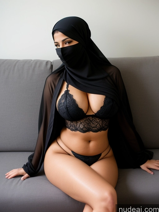 ai nude image of araffe wearing a black veil and a black bralet sitting on a couch pics of Busty Beautiful Big Ass Thick Big Hips Perfect Body Long Hair Seductive Couch Front View Cleavage Detailed 18 Brunette Niqab