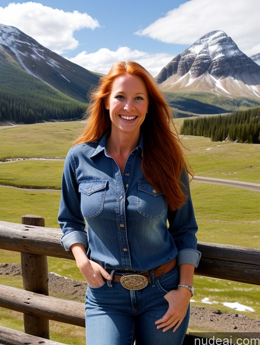 ai nude image of smiling woman in denim shirt and jeans standing on a fence pics of Model 40s Long Hair Swedish Mountains Front View Western One Jeans Happy Ginger Perfect Boobs