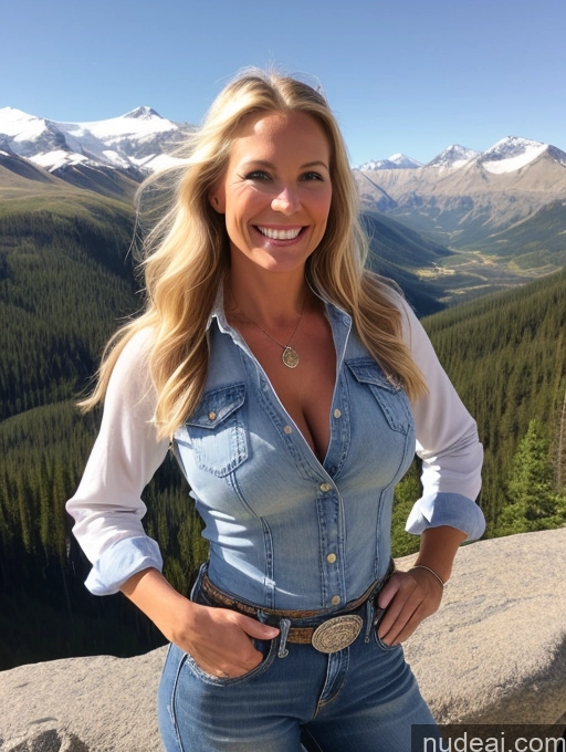 ai nude image of arafed woman in a denim shirt and jeans posing for a picture pics of 40s Long Hair Swedish Mountains Front View Western One Jeans Happy Blonde Model Perfect Boobs