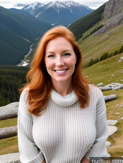 ai nude image of smiling woman in a white sweater standing in front of a mountain pics of 40s Long Hair Swedish Mountains Front View One Jeans Happy Model Perfect Boobs Ginger Fairer Skin Sweater