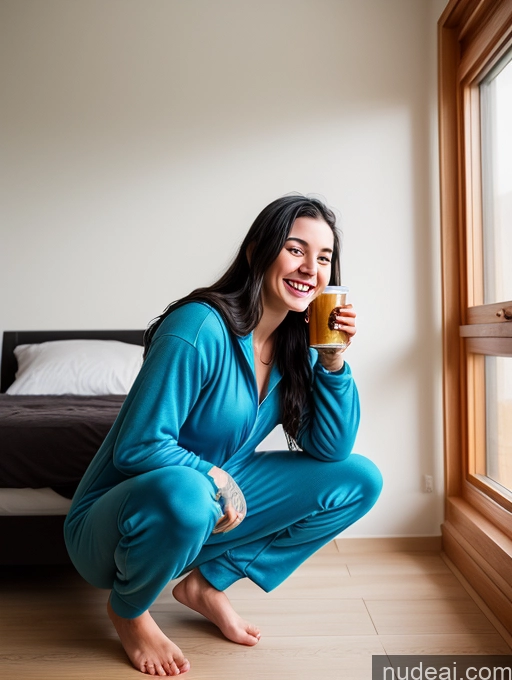 ai nude image of woman in blue pajamas sitting on the floor drinking a beverage pics of Woman One Perfect Boobs Tattoos 18 Happy Black Hair Long Hair German Bedroom Front View Squatting Onesie Beer