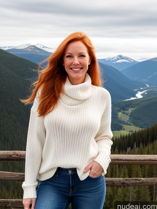 ai nude image of smiling woman in white sweater and jeans standing on a wooden fence pics of 40s Long Hair Swedish Mountains Front View One Jeans Happy Model Perfect Boobs Ginger Fairer Skin Sweater Boots