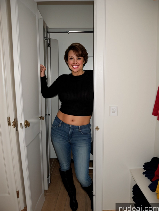 ai nude image of there is a woman standing in a doorway with her arms out pics of Skinny Fat Beer Belly Wife Or Girlfriend Busty Sexy Face Happy Pubic Hair Hairy Women 50s Big Ass Big Hips Short Brunette Pixie White Changing Room Sweater Jeans Boots Perfect Boobs