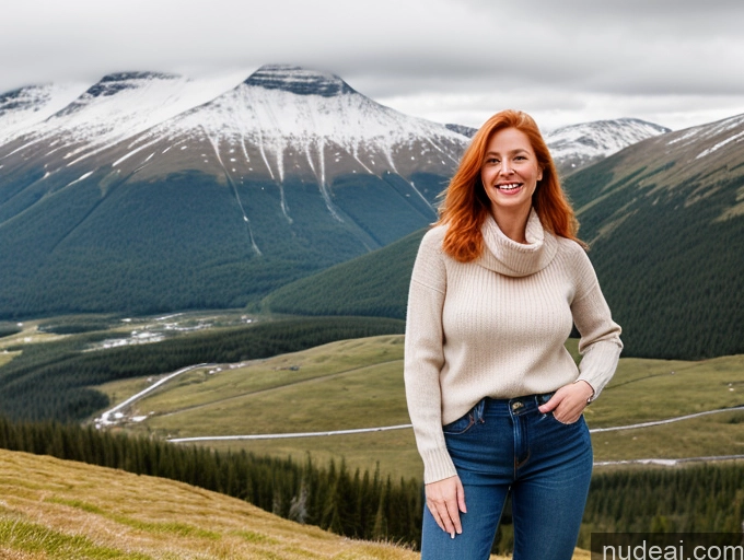 ai nude image of smiling woman standing on a hill with a view of mountains pics of 40s Long Hair Mountains Front View One Jeans Happy Model Perfect Boobs Fairer Skin Sweater Boots Ginger Swedish