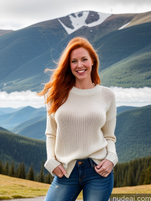 ai nude image of smiling woman in a sweater and jeans standing on a mountain pics of 40s Long Hair Mountains Front View One Jeans Happy Model Perfect Boobs Fairer Skin Sweater Boots Ginger Swedish