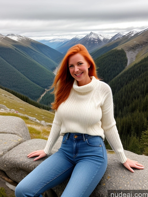 ai nude image of smiling woman sitting on a rock in the mountains with a view of the valley pics of 40s Long Hair Front View One Jeans Happy Model Perfect Boobs Fairer Skin Sweater Boots Ginger Swedish Mountains