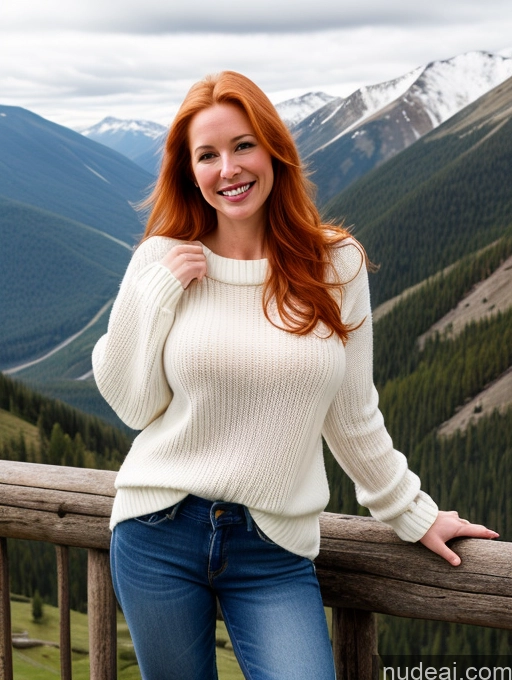 ai nude image of arafed woman in a white sweater and jeans standing on a wooden railing pics of 40s Long Hair Front View One Jeans Happy Model Perfect Boobs Fairer Skin Sweater Boots Ginger Swedish Mountains