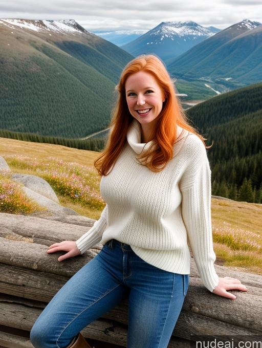 ai nude image of smiling woman sitting on a log in the mountains with a mountain view pics of 40s Long Hair Front View One Jeans Happy Model Perfect Boobs Fairer Skin Sweater Boots Ginger Swedish Mountains