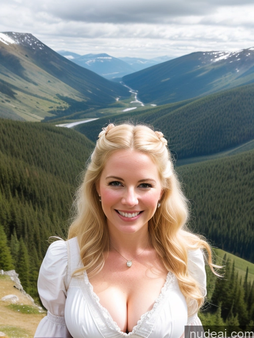 ai nude image of blonde woman in white dress standing on a mountain top with a valley in the background pics of 40s Long Hair Front View One Happy Model Perfect Boobs Fairer Skin Swedish Mountains Blonde Victorian