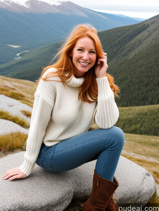 ai nude image of smiling woman sitting on a rock in the mountains talking on a cell phone pics of 40s Long Hair Front View One Happy Model Perfect Boobs Fairer Skin Mountains Jeans Boots Blonde Sweater Irish