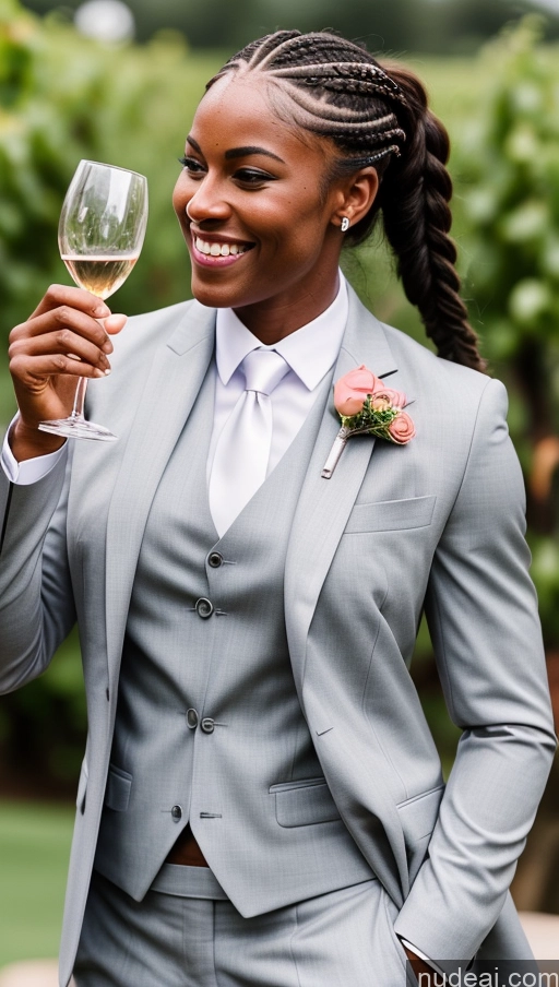 ai nude image of smiling woman in a gray suit holding a glass of wine pics of Muscular Abs Athlete Suit Wedding Braided Happy Wine Dark Skin Small Tits Side View