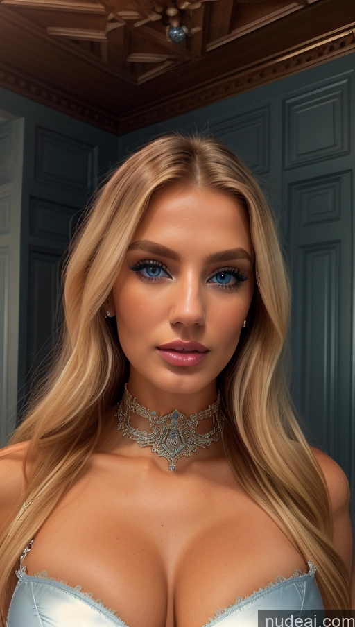 ai nude image of arafed woman with blue eyes and a choker posing for a picture pics of Busty Perfect Boobs Beautiful Skinny Abs Perfect Body Long Hair Oiled Body Blonde Dutch 3d Choker Lingerie Stylish Victorian Diamond Jewelry Bright Lighting Dutch Doll Likeness Elemental Series - Ice Deep Blue Eyes Victorian Parlor Front Facing Full Body Cyborg