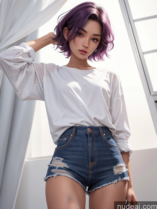 ai nude image of arafed woman with purple hair and white shirt posing for a picture pics of Sorority Purple Hair Pixie Asian Skin Detail (beta) Stylish Short Tanned Skin Small Tits Small Ass Skinny 18