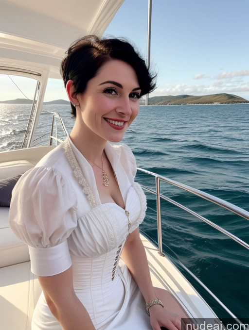 ai nude image of woman in white dress sitting on a boat in the ocean pics of Happy Fairer Skin White 20s Woman Perfect Body Black Hair Pixie Yacht Victorian