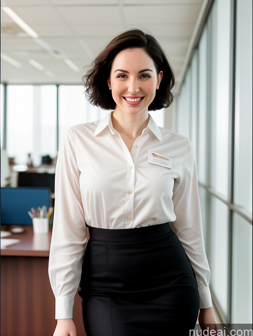 ai nude image of smiling woman in white shirt and black skirt standing in office pics of Happy Fairer Skin White 20s Woman Perfect Body Black Hair Pixie Secretary Office