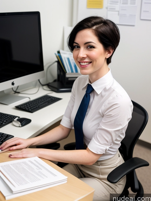 ai nude image of smiling woman sitting at desk with open book and computer pics of Happy Fairer Skin White 20s Woman Perfect Body Black Hair Pixie Office Professor