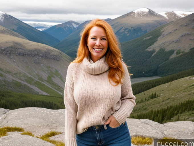 ai nude image of smiling woman standing on a rock with mountains in the background pics of Model One Perfect Boobs 40s Happy Blonde Long Hair Irish Mountains Front View Jeans Boots Sweater