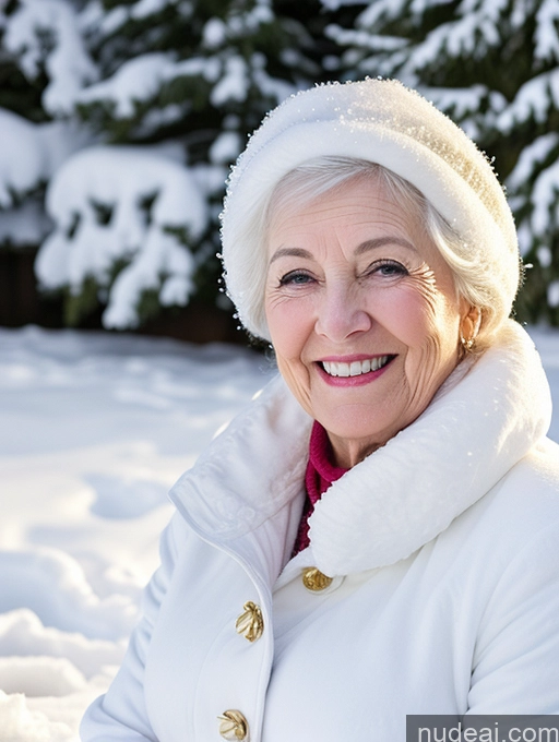 ai nude image of smiling woman in white coat and hat in snow covered area pics of Happy Busty White Fairer Skin Front View Bikini Snow Woman 80s White Hair Long Hair