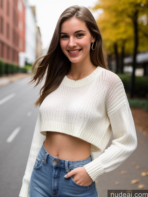 ai nude image of arafed woman in a white sweater and jeans standing on a street pics of Sorority Several Small Tits Skinny Tall Fairer Skin 18 Happy White Front View Jeans Casual Crop Top Sweater