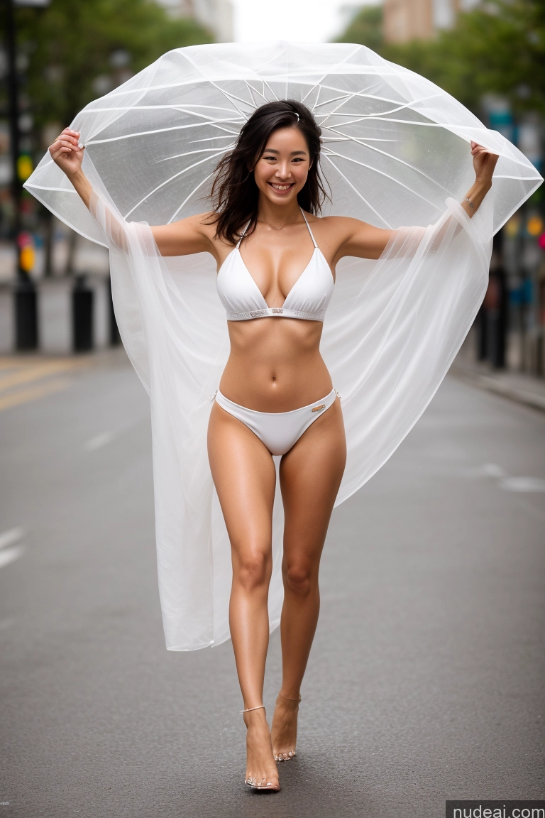 ai nude image of araffe woman in a white bikini and white umbrella walking down the street pics of Model One Perfect Boobs Beautiful Perfect Body Fairer Skin 20s Happy Laughing Black Hair Messy Korean Skin Detail (beta) Street Close-up View Casual Microkini Wedding Detailed