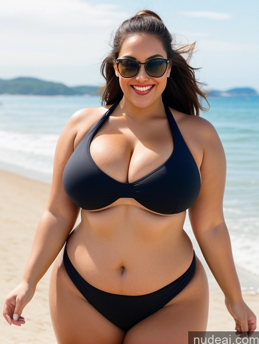 ai nude image of araffe woman in a black bikini on the beach pics of Woman One Busty Huge Boobs Sunglasses Lipstick Big Ass Thick Chubby Fat Big Hips 20s Happy Brunette Ponytail White Front View T-pose Beach Sports Sports Bra Bikini Microkini Thong