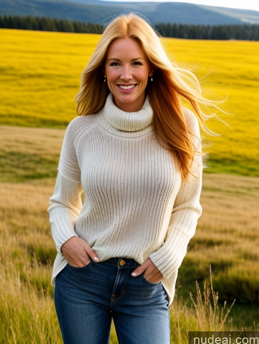 ai nude image of arafed woman in a white sweater and jeans standing in a field pics of One Fairer Skin 40s Happy Blonde Long Hair Irish Meadow Front View Jeans Boots Sweater Perfect Boobs Model