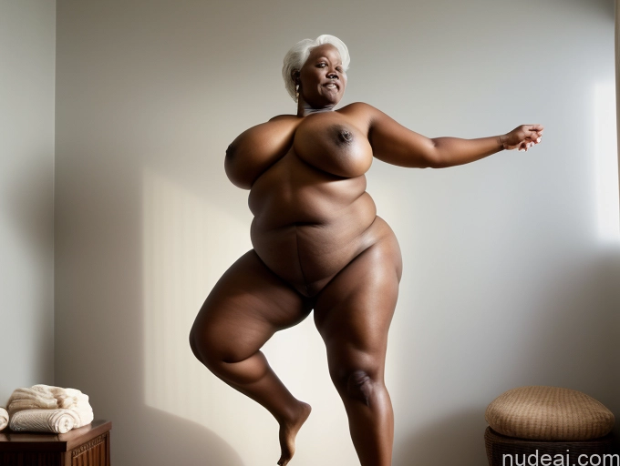 ai nude image of there is a woman that is standing in the room with a big belly pics of Huge Boobs Big Ass Big Hips Abs Dark Skin 80s White Hair Black Nude Fat Bright Lighting Jumping