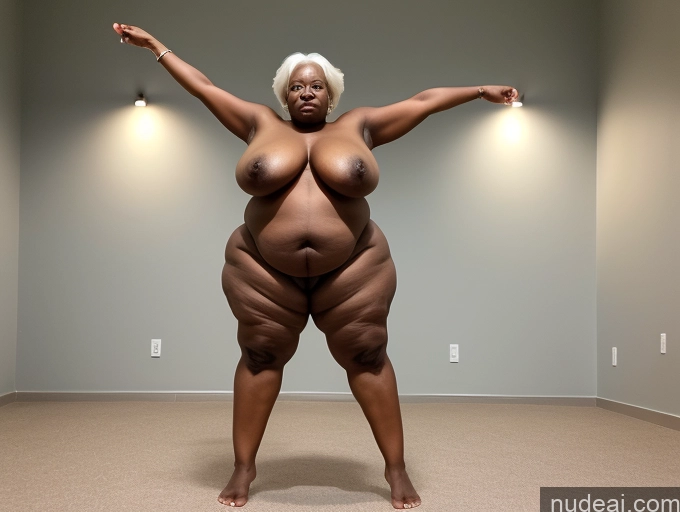 ai nude image of there is a woman that is standing in a room with her arms outstretched pics of Huge Boobs Big Ass Big Hips Abs Dark Skin 80s White Hair Black Nude Fat Bright Lighting T-pose