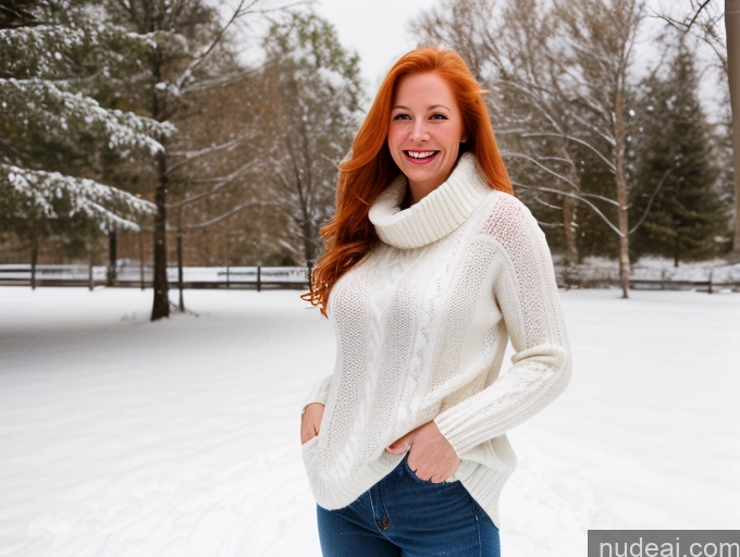 ai nude image of arafed woman in a white sweater and jeans standing in the snow pics of One Fairer Skin 40s Happy Long Hair Front View Jeans Boots Perfect Boobs Model Swedish Ginger Snow Sweater