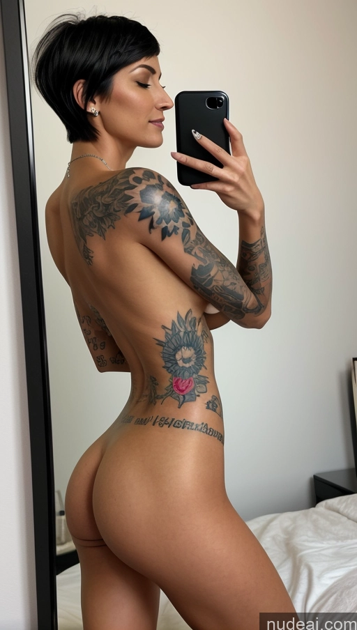 ai nude image of arafed woman with tattoos taking a selfie in a mirror pics of Woman One Tattoos Beautiful Long Legs Perfect Body 20s Orgasm Black Hair Short Hair Portuguese Mirror Selfie Bedroom Front View Spreading Legs Nude Diamond Jewelry Bright Lighting Detailed