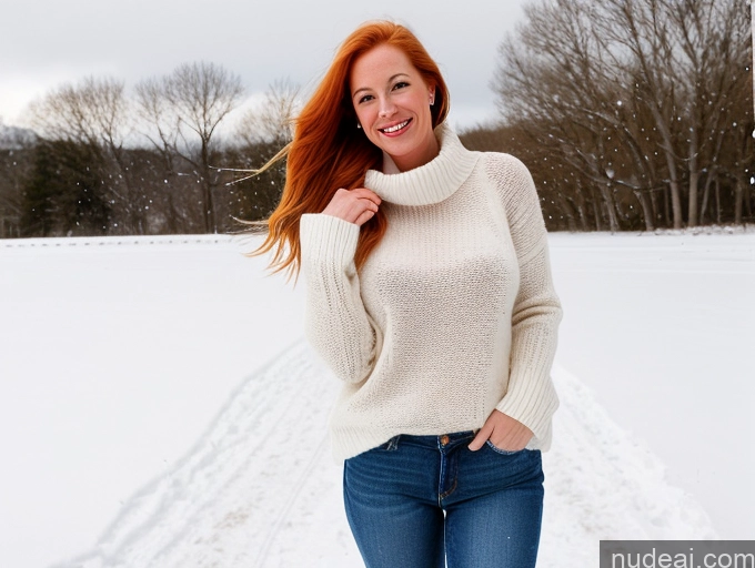 ai nude image of arafed woman in a white sweater and jeans standing in the snow pics of One Fairer Skin 40s Happy Long Hair Front View Jeans Boots Perfect Boobs Snow Sweater Blonde Model Irish