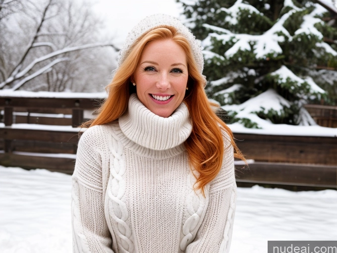 ai nude image of smiling woman in white sweater and hat standing in snow covered yard pics of One Fairer Skin 40s Happy Long Hair Front View Jeans Boots Perfect Boobs Snow Sweater Blonde Model Irish