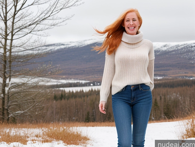 ai nude image of arafed woman in a white sweater and jeans is walking in the snow pics of One Fairer Skin 40s Happy Long Hair Front View Jeans Boots Perfect Boobs Snow Sweater Blonde Model Irish