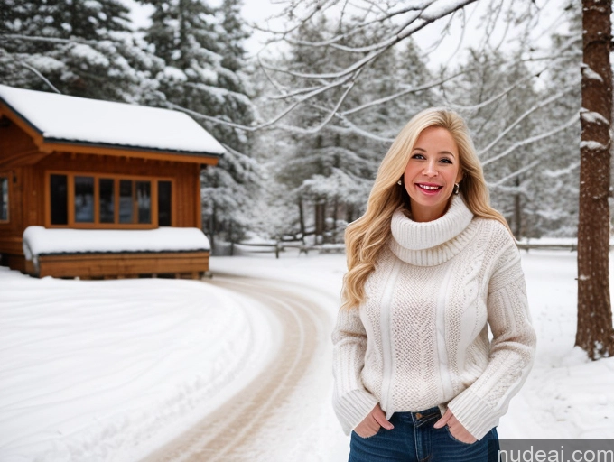 ai nude image of blond woman in a white sweater and jeans standing in the snow pics of One Fairer Skin 40s Happy Long Hair Front View Jeans Boots Perfect Boobs Snow Sweater Blonde Model Swedish