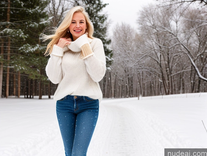 ai nude image of araffe woman in white sweater and jeans walking in the snow pics of One Fairer Skin 40s Happy Long Hair Front View Jeans Boots Perfect Boobs Snow Sweater Blonde Model Swedish