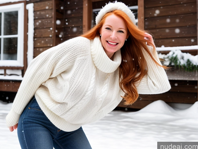 ai nude image of smiling woman in white sweater and hat standing in snow with snowboard pics of One Fairer Skin 40s Happy Long Hair Front View Jeans Boots Perfect Boobs Snow Sweater Model Swedish Ginger