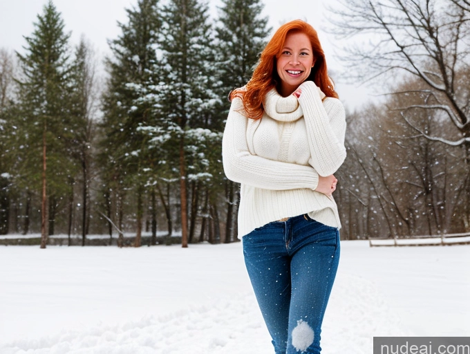 ai nude image of arafed woman in a white sweater and jeans standing in the snow pics of One Fairer Skin 40s Happy Long Hair Front View Jeans Boots Perfect Boobs Snow Sweater Model Swedish Ginger