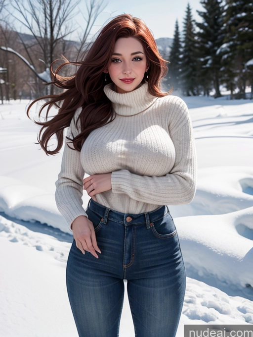 ai nude image of arafed woman in a turtleneck sweater and jeans posing in the snow pics of Model One Perfect Boobs Long Hair Fairer Skin 40s Happy Ginger Jewish Snow Front View Boots Jeans Sweater