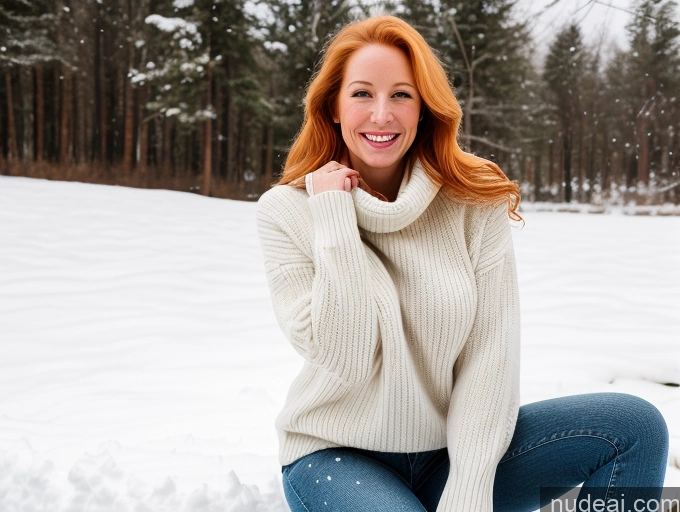 ai nude image of arafed woman sitting on a bench in the snow with her hand on her chin pics of One Fairer Skin 40s Happy Long Hair Front View Jeans Boots Perfect Boobs Snow Sweater Model Blonde Irish