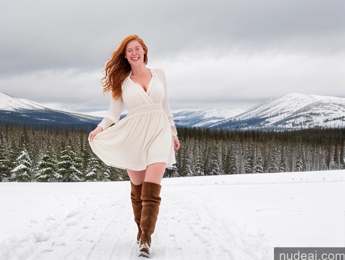 ai nude image of araffe woman in a white dress and brown boots walking in the snow pics of One Fairer Skin 40s Happy Long Hair Front View Perfect Boobs Snow Blonde Irish Model Boots Sundress