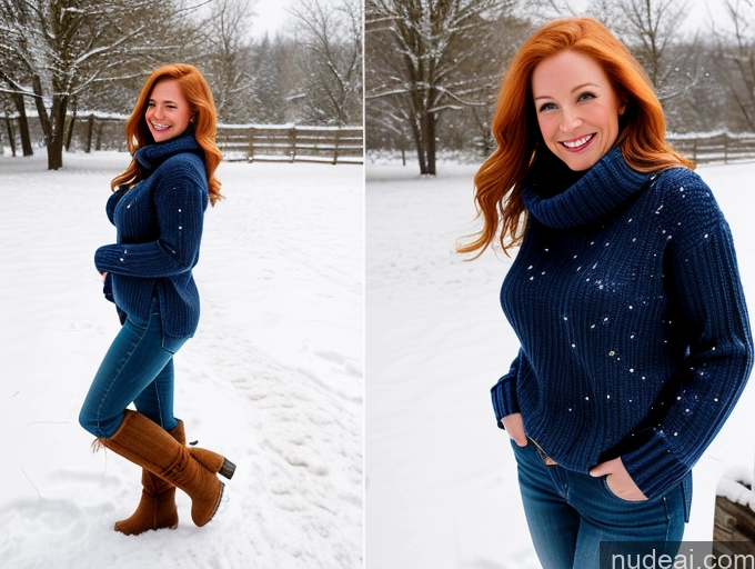 ai nude image of arafed woman in a blue sweater and brown boots standing in the snow pics of One Fairer Skin 40s Happy Long Hair Front View Perfect Boobs Snow Blonde Irish Model Boots Sweater