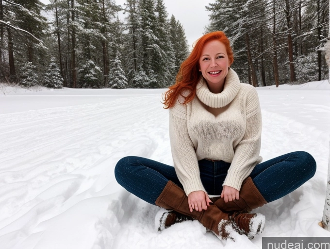 ai nude image of arafed woman sitting in the snow with her legs crossed pics of One Fairer Skin 40s Happy Long Hair Front View Perfect Boobs Snow Blonde Irish Model Boots Sweater