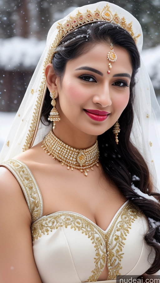 ai nude image of bride in traditional indian bridal dress in snowstorm pics of Woman Huge Boobs Beautiful Lipstick Big Hips Fairer Skin 50s Happy Seductive Black Hair Straight Indian Skin Detail (beta) Snow Close-up View Sari Wedding Traditional Jewelry Gold Jewelry Bright Lighting Detailed