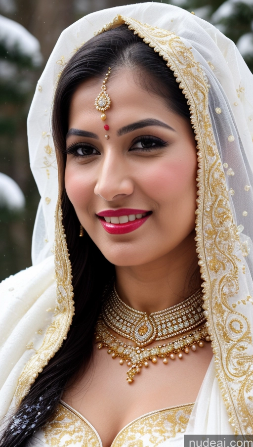 ai nude image of a close up of a woman wearing a white and gold outfit pics of Woman Huge Boobs Beautiful Lipstick Big Hips Fairer Skin 50s Happy Seductive Black Hair Straight Indian Skin Detail (beta) Snow Close-up View Sari Wedding Traditional Jewelry Gold Jewelry Bright Lighting Detailed