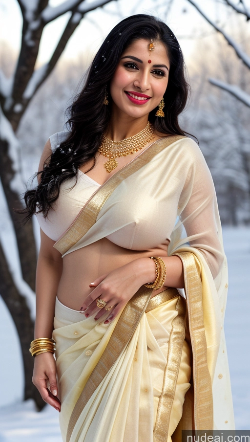 ai nude image of araffe woman in a sari posing for a picture in the snow pics of Woman Huge Boobs Beautiful Lipstick Big Hips Fairer Skin 50s Happy Seductive Black Hair Straight Indian Skin Detail (beta) Snow Sari Traditional Jewelry Gold Jewelry Bright Lighting Detailed