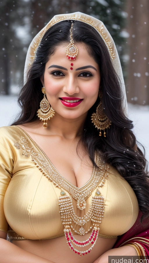 ai nude image of araffe woman in a gold blouse and red sari posing for a picture pics of Woman Huge Boobs Beautiful Lipstick Big Hips Fairer Skin 50s Happy Seductive Black Hair Straight Indian Skin Detail (beta) Snow Sari Traditional Jewelry Gold Jewelry Bright Lighting Detailed