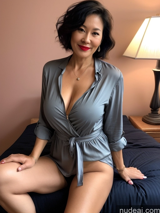 ai nude image of arafed woman in a gray shirt sitting on a bed pics of Milf Perfect Boobs Lipstick 50s Pixie Vietnamese Bedroom Spreading Legs Casual Shirt Underwear Dark Lighting Blouse Topless Tunic Stylish